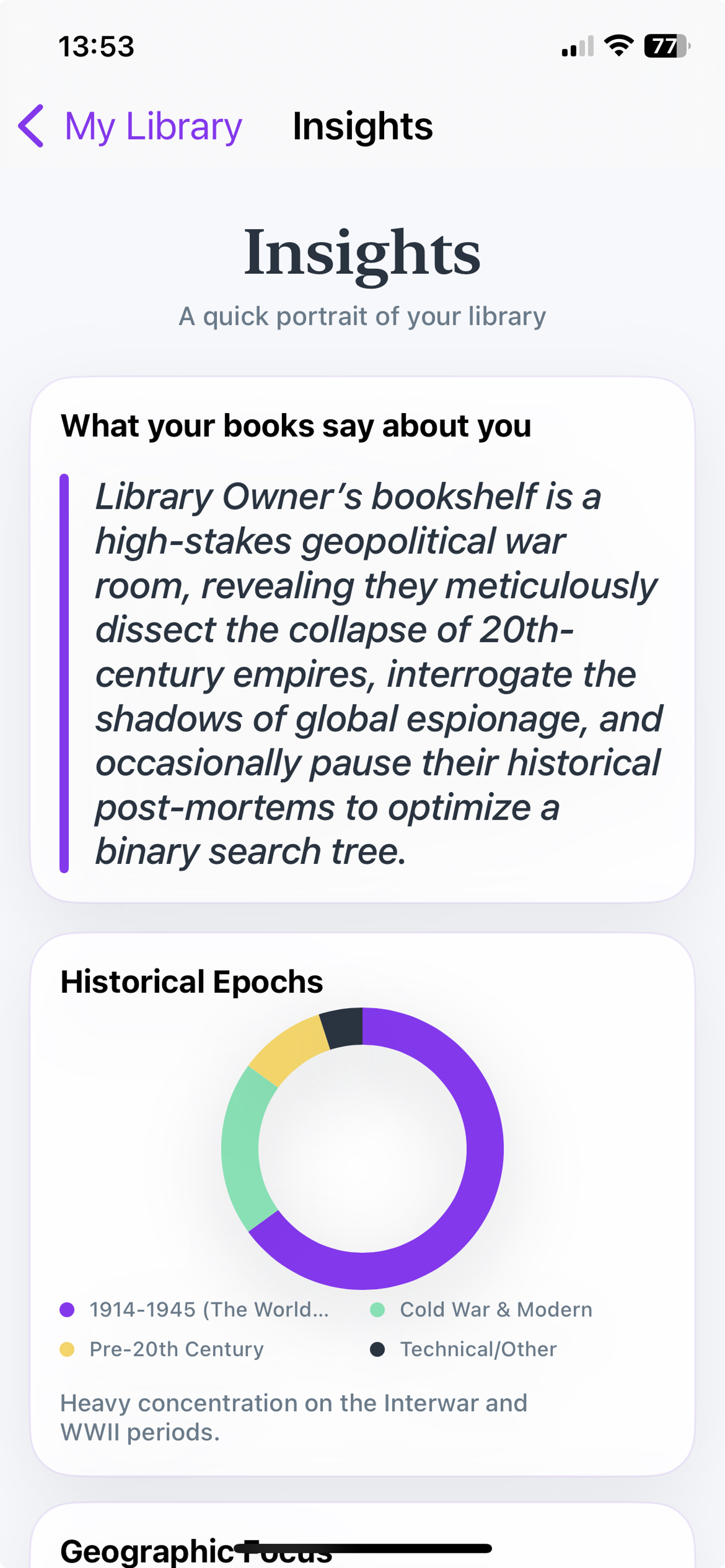 Velato iPhone insights screen showing a real reading profile breakdown