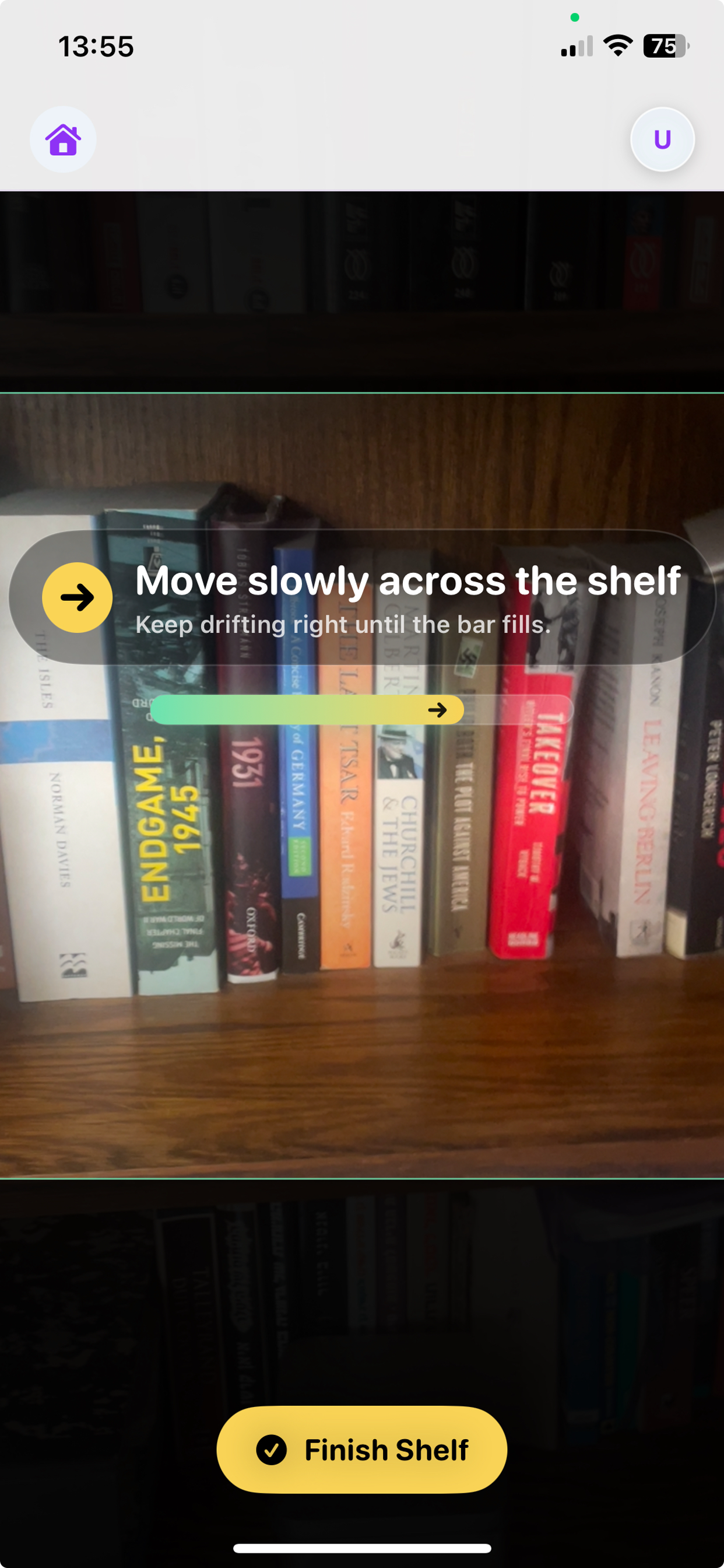 Velato iPhone live scan screen showing a real bookshelf capture