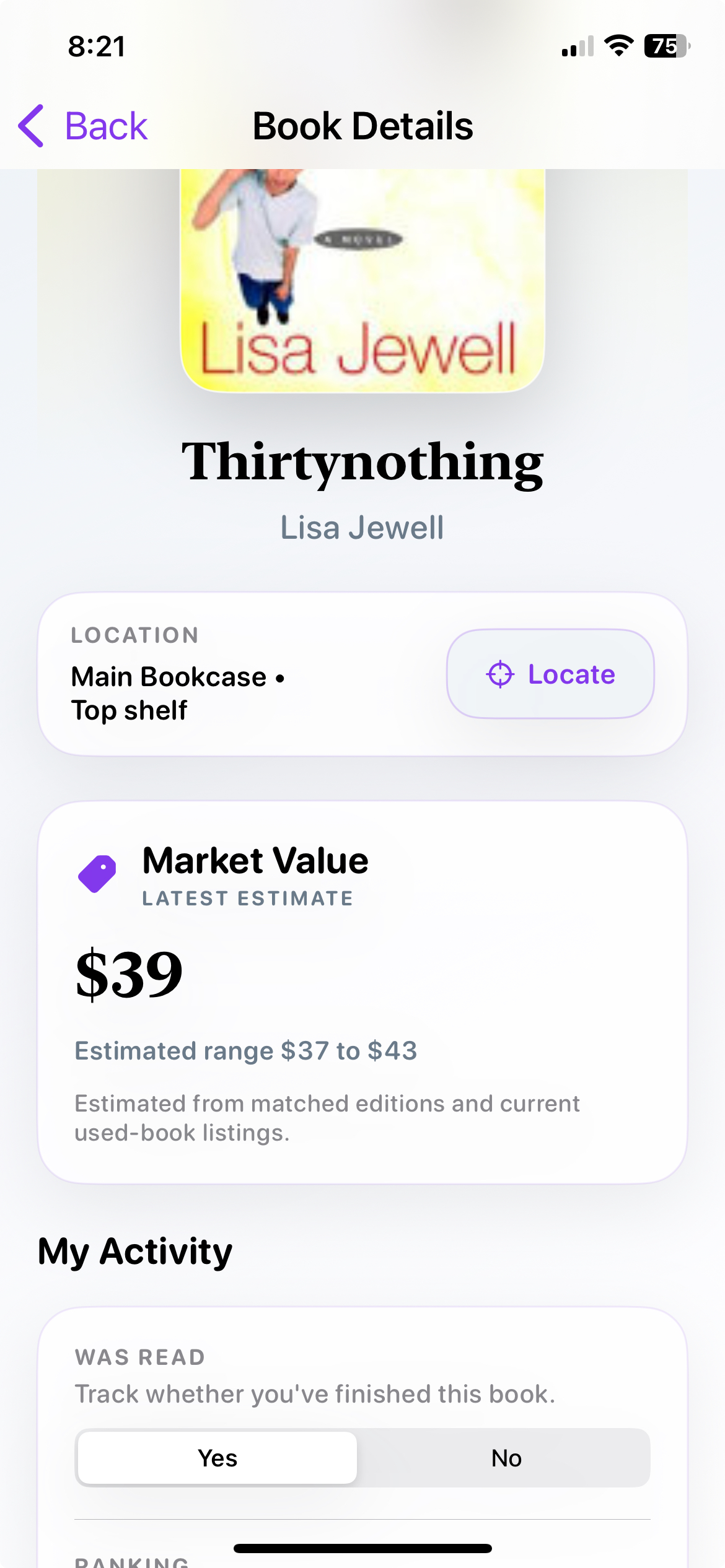 Velato iPhone value screen showing a real book collection valuation